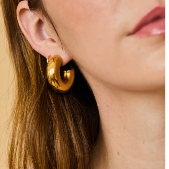 Chunky Open Gold Hoops 1.2" Non Tarnish Chunky Gold Hoops Earrings for Women - Picture 2 of 5